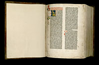 Image of the Gutenberg Bible open to endpaper and page 001 recto.