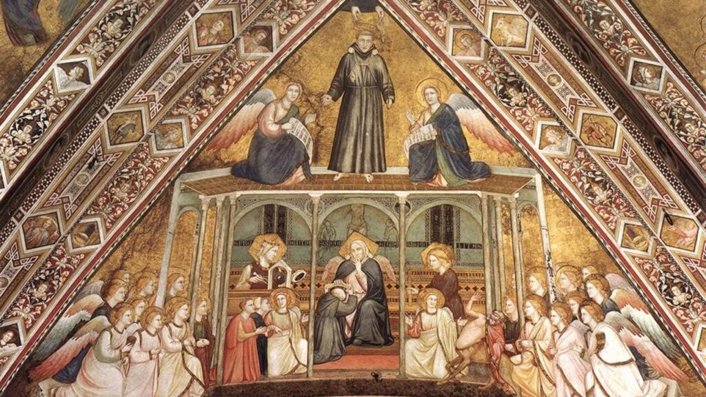 A Obediência põe o jugo sobre um frade ajoelhado, sob o olhar de São Francisco, imagem do voto de obediência