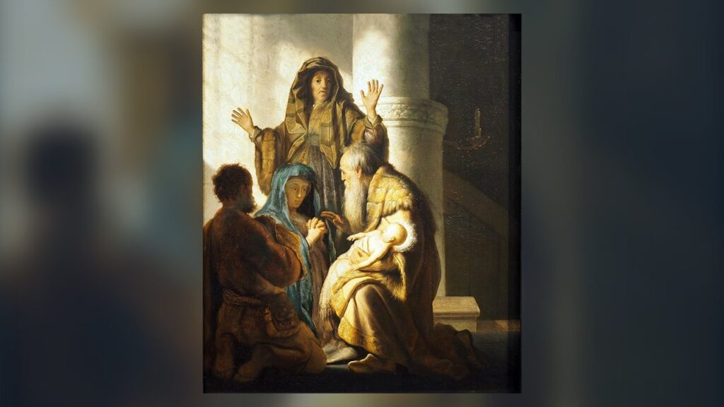 A profetisa Ana ergue as mãos enquanto Simeão segura Jesus, com Maria e José ajoelhados