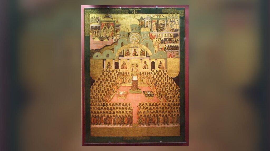 O Segundo Concílio de Niceia (787), ícone russo do século XVII do Convento Novodevichy