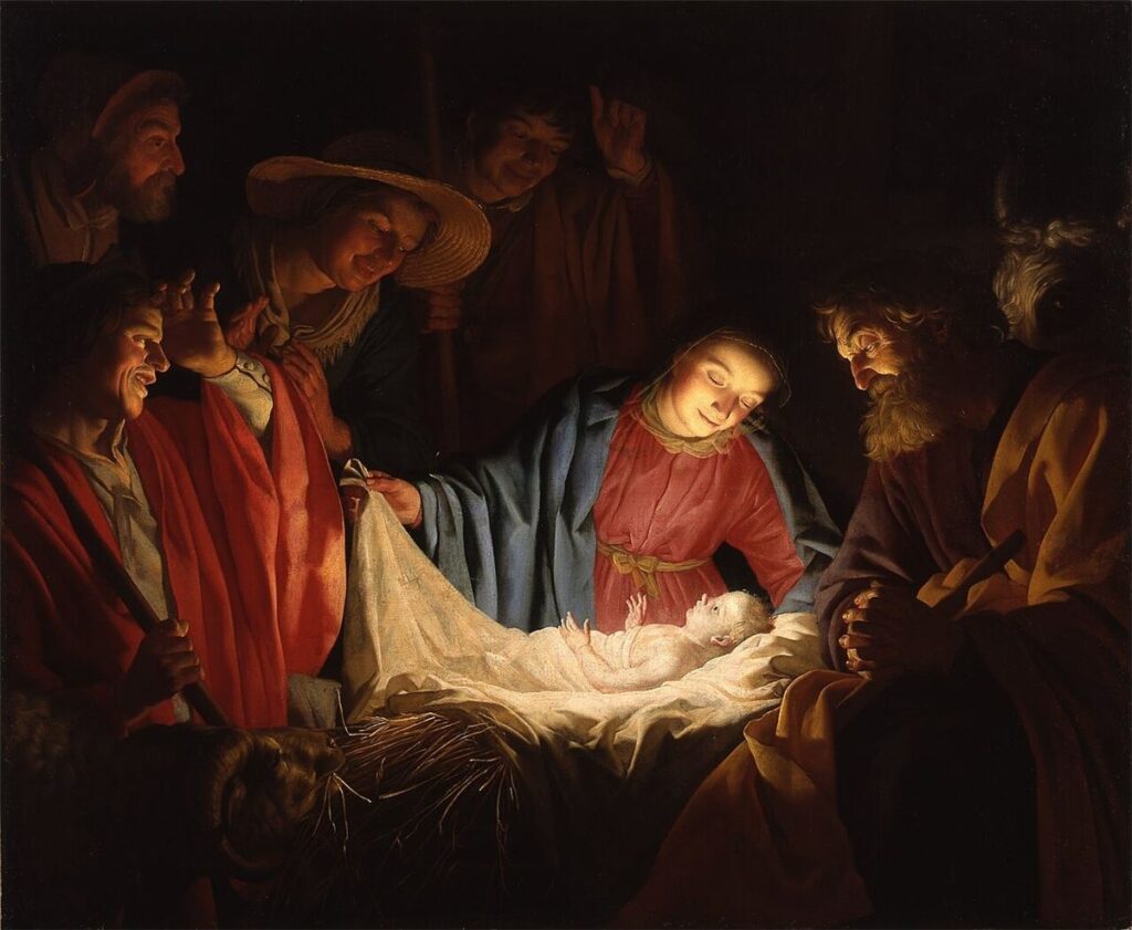 Pastores adorando o Menino Jesus no presépio, o Natal como dia santo de guarda