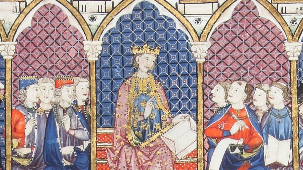 Afonso X entre músicos e copistas das Cantigas de Santa Maria, que já cantam maio e Maria