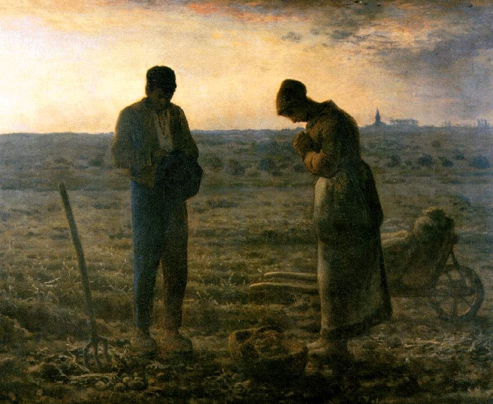 Casal de camponeses rezando o Angelus no campo, santificar o dia com oração