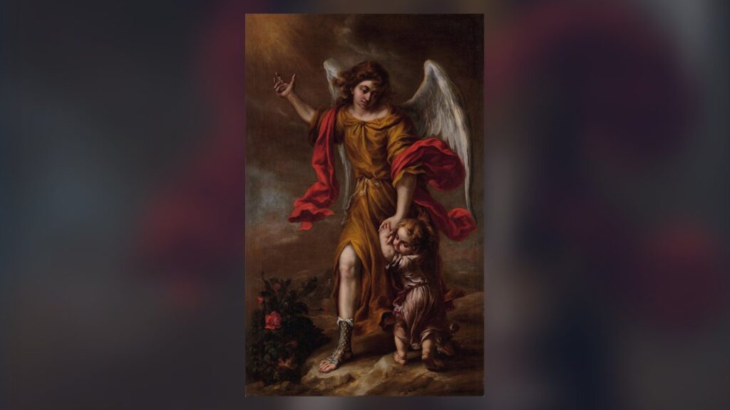Anjo da guarda conduz uma criança pela mão e aponta para o céu, imagem clássica do protetor dado por Deus