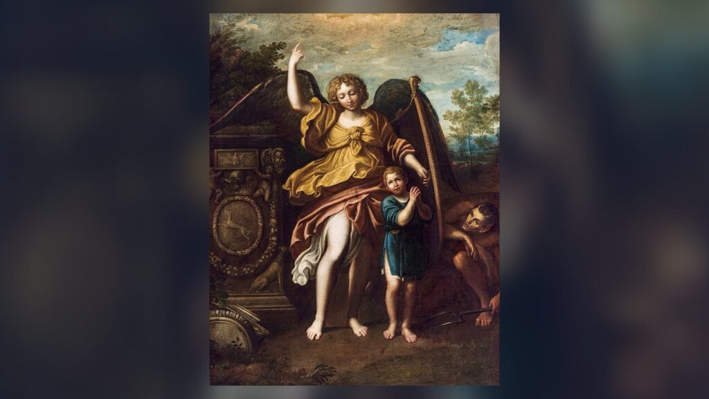 Anjo da guarda protege um menino com o escudo enquanto o demônio espreita, ilustrando Mt 18,10