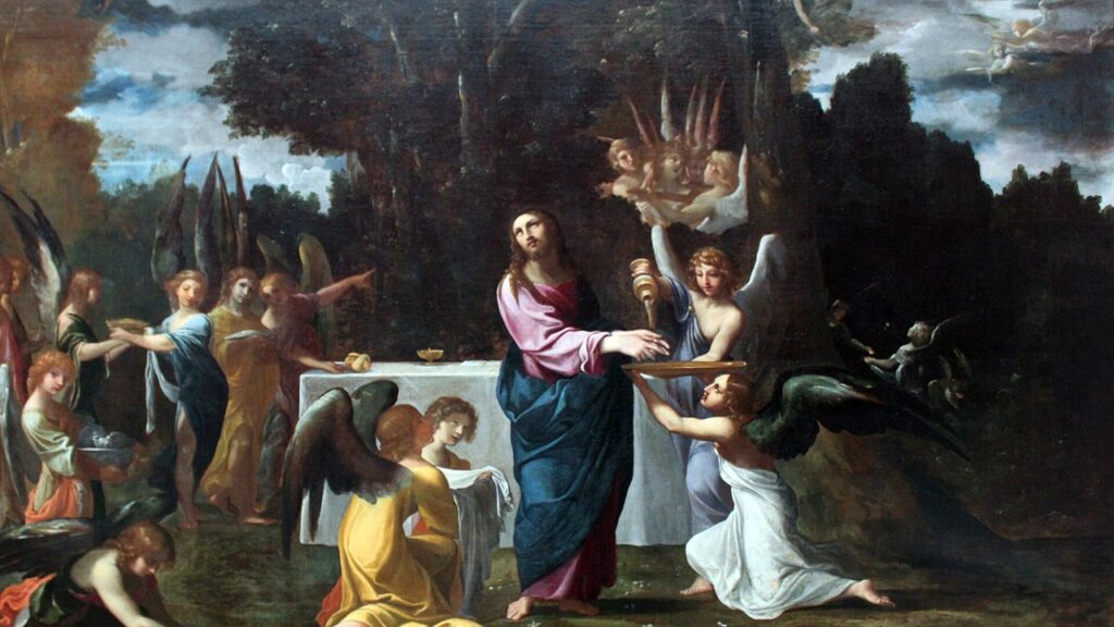 Anjos servem Jesus no deserto após os quarenta dias de jejum, modelo da Quaresma