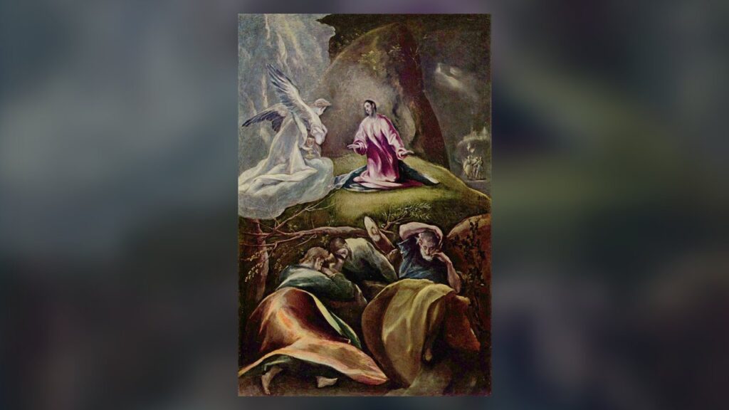 Apóstolos dormindo enquanto Jesus reza no Getsêmani, cena de Mt 26,40