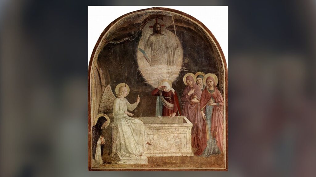 As santas mulheres encontram o sepulcro vazio e o anjo anuncia que Jesus ressuscitou