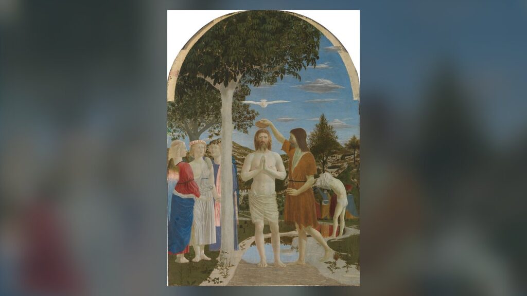Batismo de Jesus no Jordão com a pomba do Espírito Santo, cena trinitária de Mt 3,16-17
