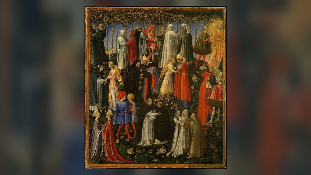 Bem-aventurados de todas as condições se abraçam no Paraíso, imagem da Igreja triunfante