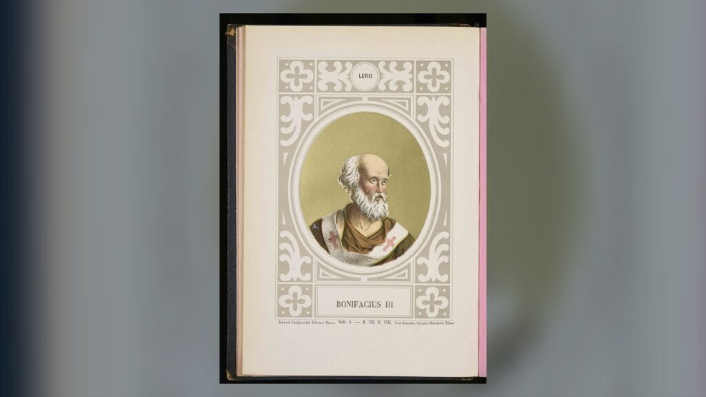 Papa Bonifácio III, cromolitografia da obra de L. Tripepi sobre os pontífices romanos, 1879