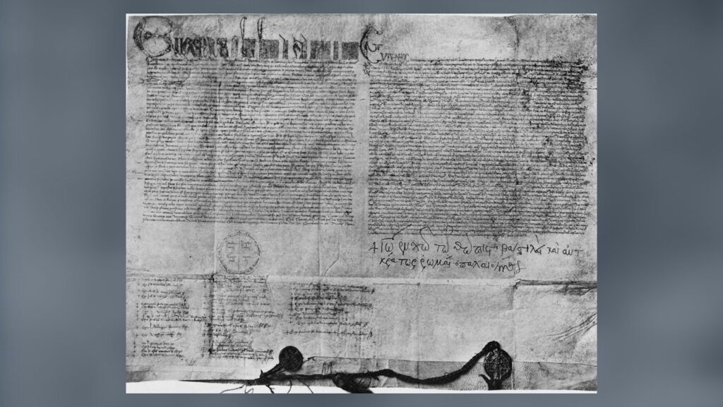 Bula de união do Concílio de Florença, com assinatura grega do imperador bizantino e selos