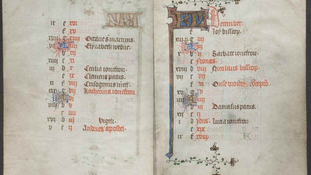 Calendário litúrgico medieval de novembro e dezembro, com as festas dos santos em vermelho e preto
