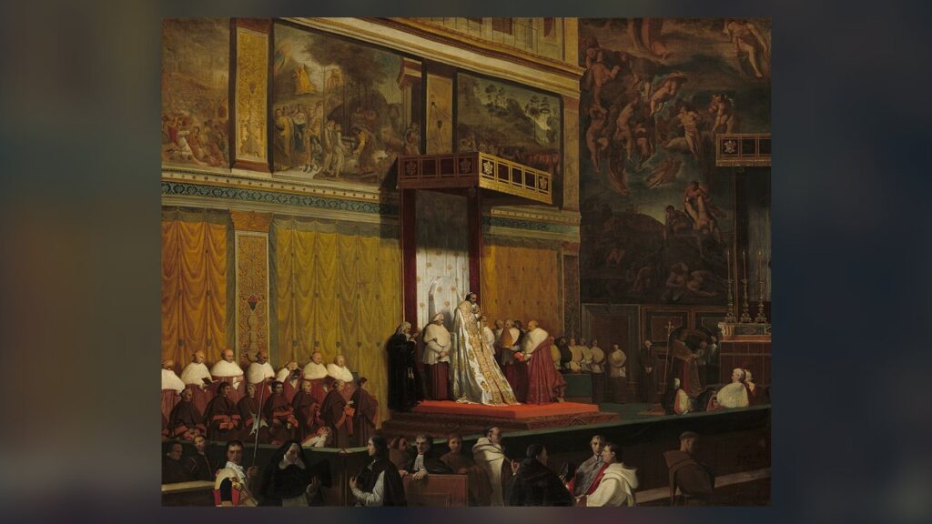 Capela Sistina com cardeais e o papa diante do Juízo Final, o lugar onde se vota no conclave