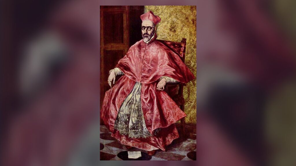 Cardeal, provavelmente Fernando Niño de Guevara, sentado, em hábito coral vermelho, colaborador do Papa no século XVI