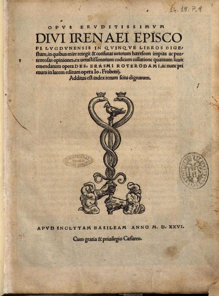 Folha de rosto da obra Contra as Heresias de Santo Irineu, edição de 1526