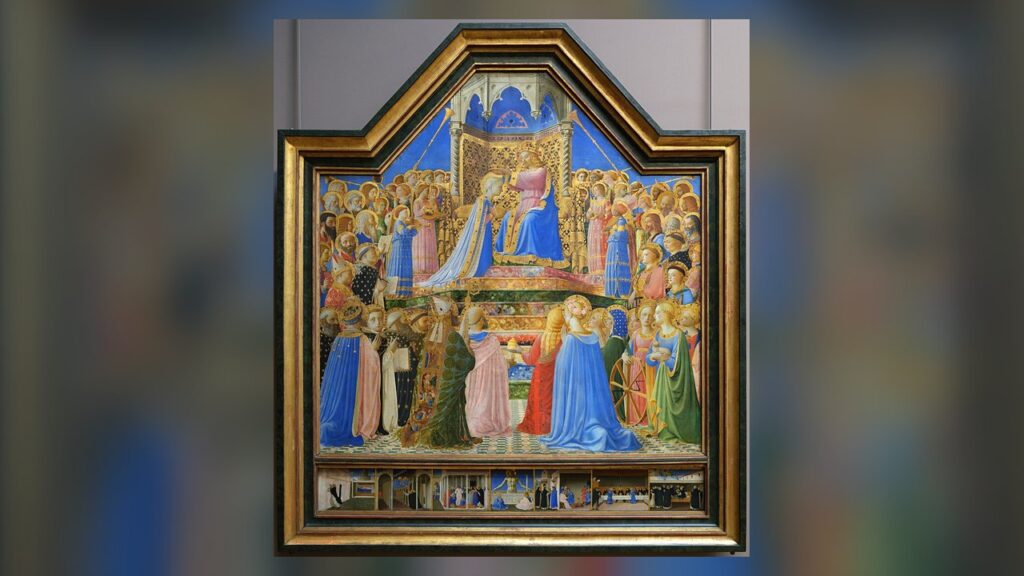 Cristo coroa a Virgem Maria como Rainha diante dos santos, a Mãe a quem o fiel se consagra
