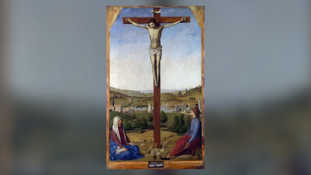 Cristo crucificado entre Maria e São João: dar a vida pelos amigos, como lembra a Evangelium Vitae