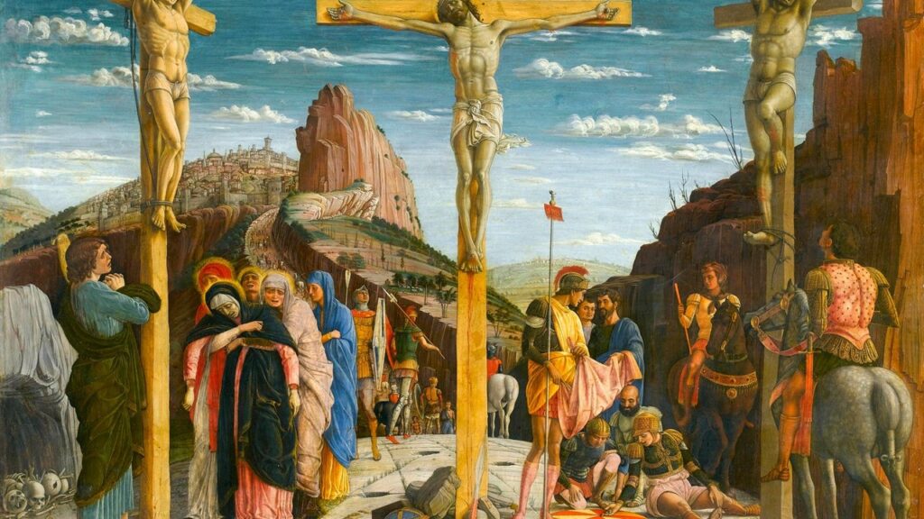 Cristo crucificado entre os dois ladrões no Calvário, mistério central da Sexta-feira Santa