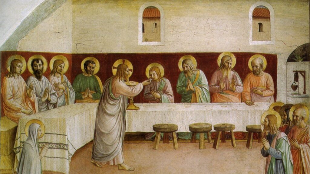 Cristo dá a comunhão aos apóstolos, imagem da fé católica na presença real na Eucaristia