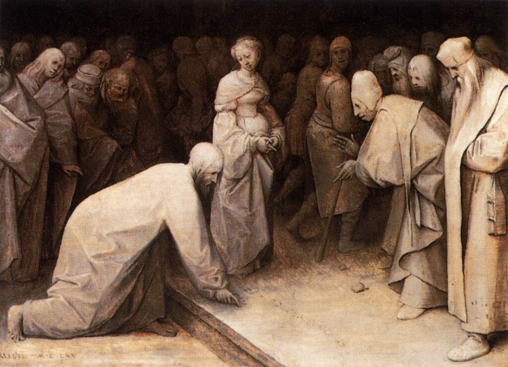 Cristo escreve no chão diante da mulher adúltera, misericórdia que perdoa o pecador
