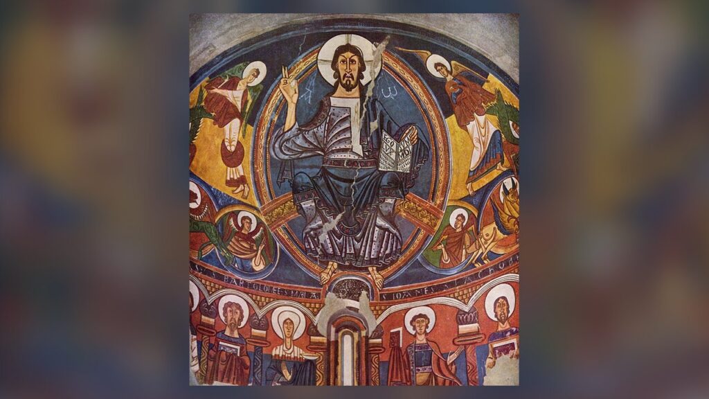 Cristo em Majestade no afresco românico de Taüll, Rei do Universo sentado no trono