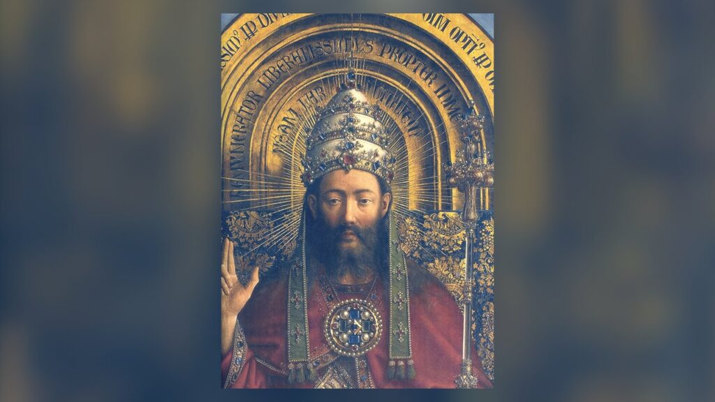 Cristo entronizado com coroa e cetro no Retábulo de Gante, imagem da realeza de Cristo