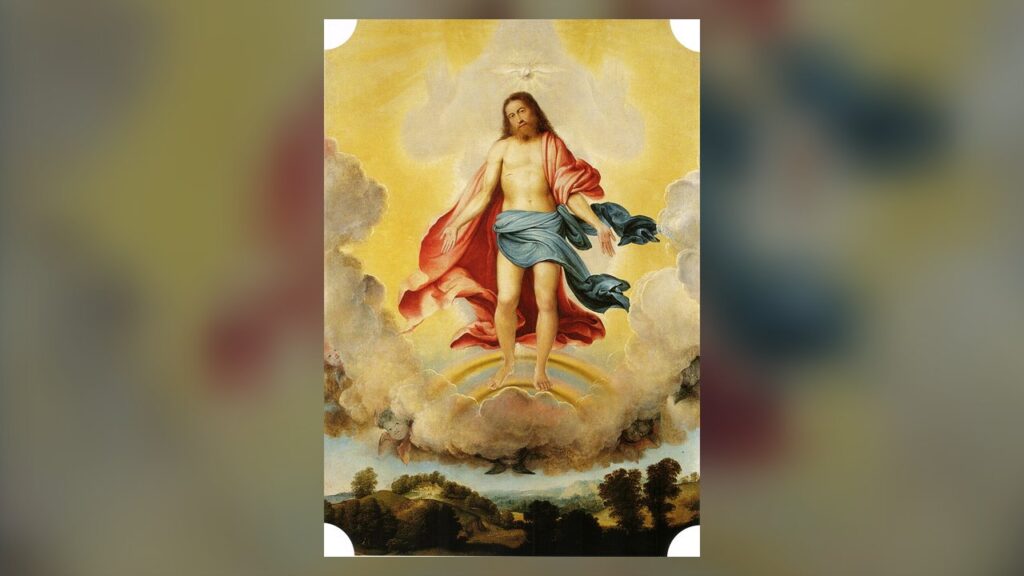 Cristo glorioso, a figura do Pai por trás dele e a pomba do Espírito: um só Deus em três Pessoas