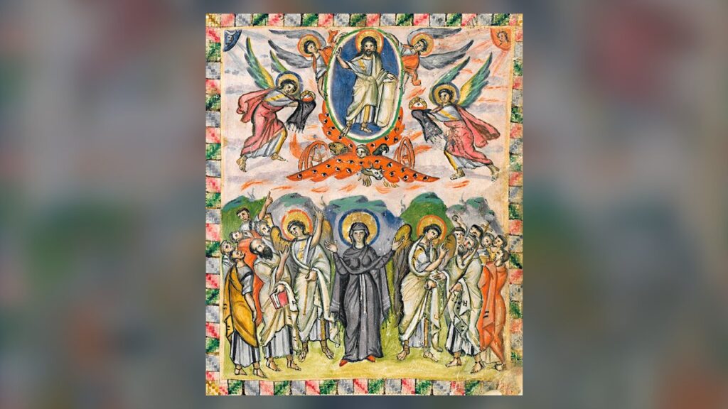 Cristo sobe numa mandorla e dois anjos falam aos Apóstolos, como narra At 1,10-11