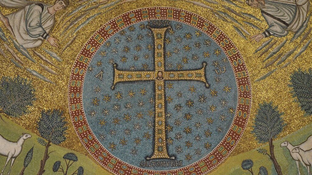 Cruz gemada de ouro sem corpo, com o rosto de Cristo ao centro, no mosaico de Sant'Apollinare in Classe