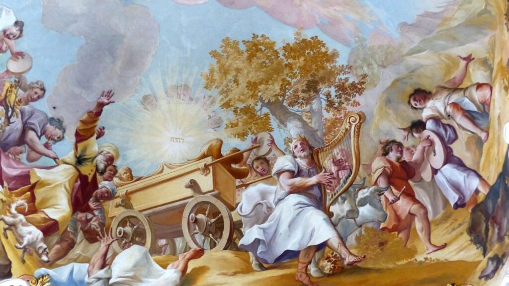 Davi dança e toca harpa diante da Arca da Aliança levada num carro, cena de 2Sm 6 que prefigura Maria