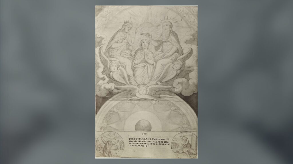 Desenho da coroação de Nossa Senhora, gesto que as paróquias repetem no fim de maio