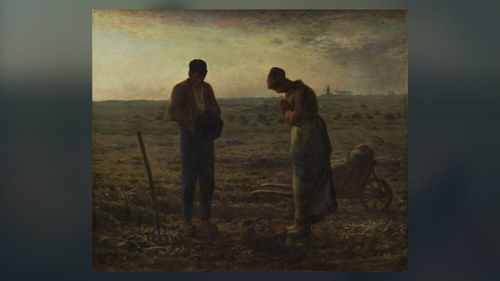 Dois camponeses param o trabalho no campo para rezar ao toque do sino da tarde, na tela de Millet