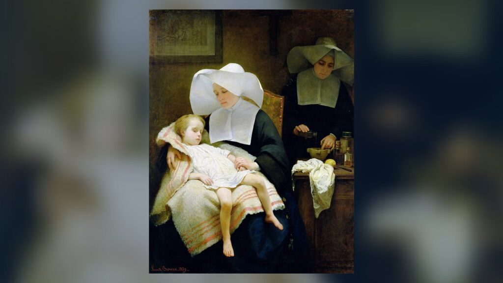 Duas irmãs de caridade cuidam de uma criança doente: a missão da mulher consagrada