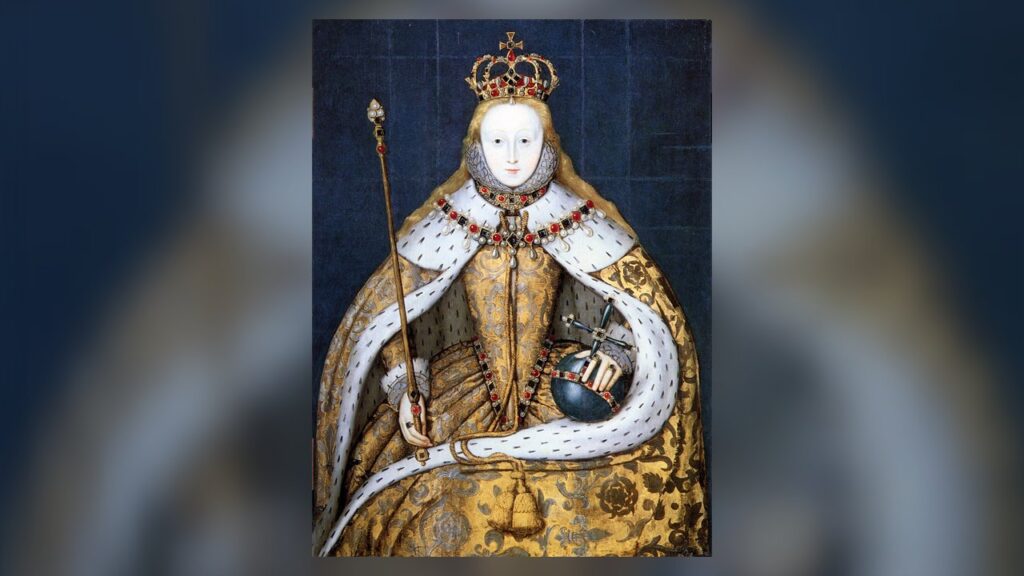 Elizabeth I com as vestes da coroação, rainha do acordo elisabetano de 1559