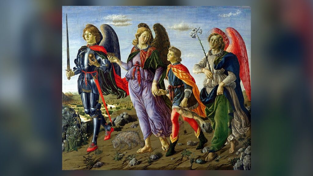 Os três arcanjos Miguel, Rafael e Gabriel com Tobias, pintura de Botticini