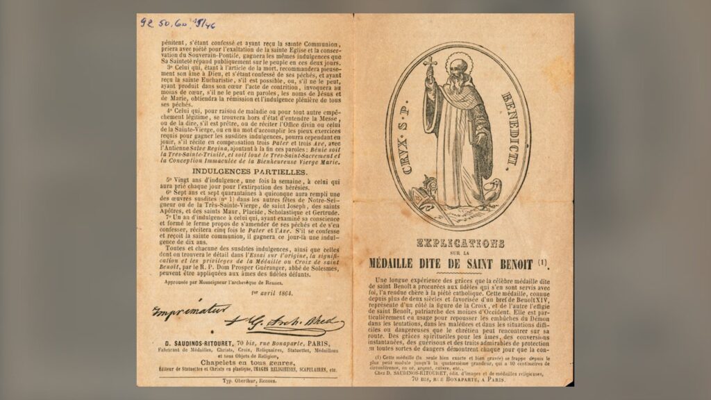 Folheto devocional francês de 1864 que explica a medalha de São Bento, suas letras e indulgências