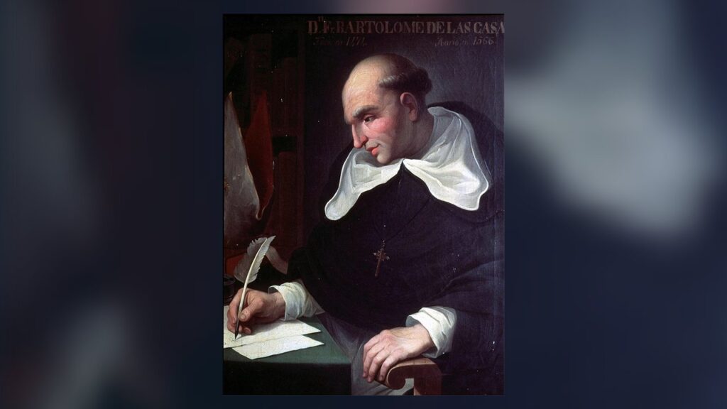 Frei Bartolomeu de las Casas no hábito dominicano, escrevendo em defesa dos índios da América