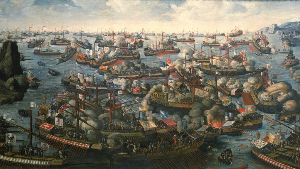 Galeras cristãs e turcas na batalha de Lepanto, vitória ligada pela tradição ao título Auxílio dos cristãos