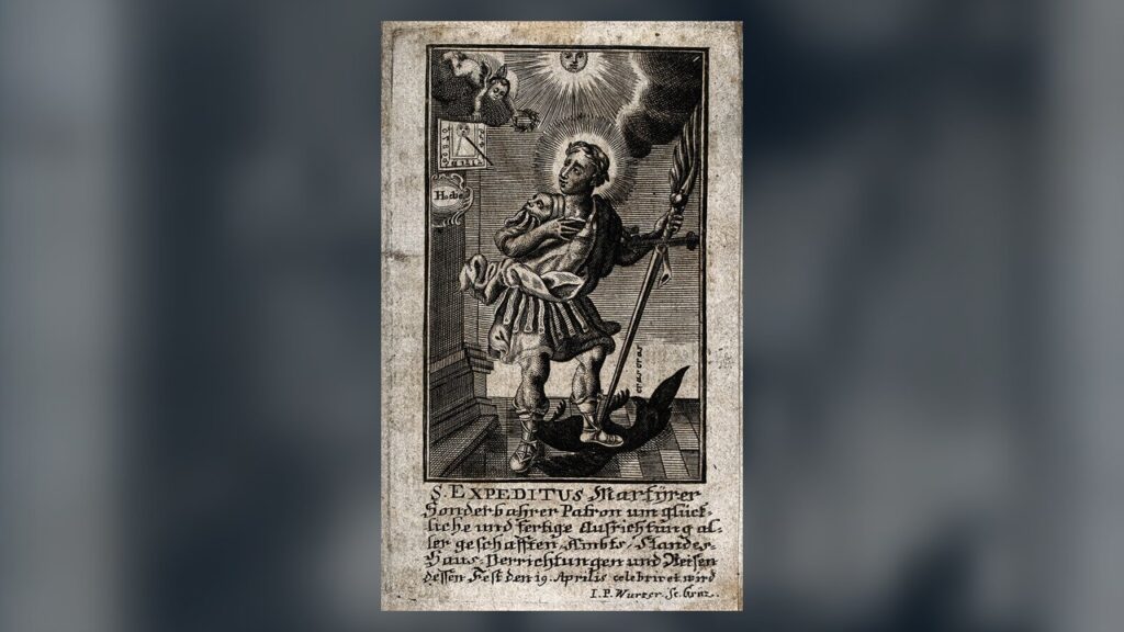 Gravura de Santo Expedito pisando o corvo que diz cras, com um relógio marcado hodie