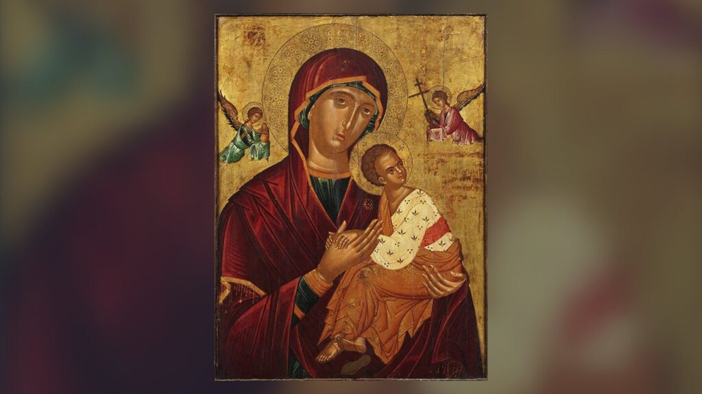 Ícone cretense da Mãe de Deus da Paixão, o mesmo tipo do Perpétuo Socorro, com a sandália caída