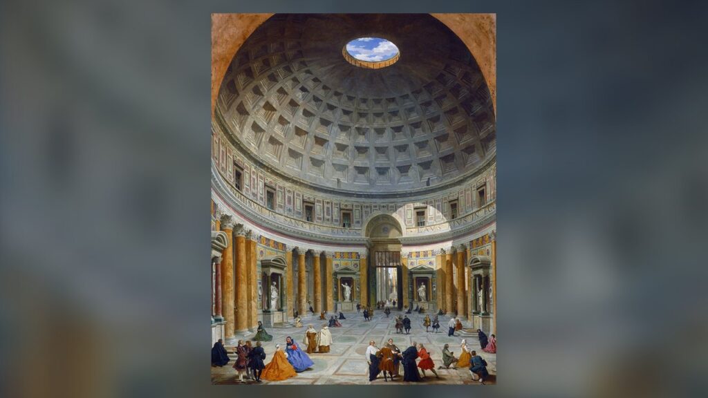 Interior do Panteão de Roma, dedicado por Bonifácio IV a Santa Maria e aos mártires em 609 ou 610