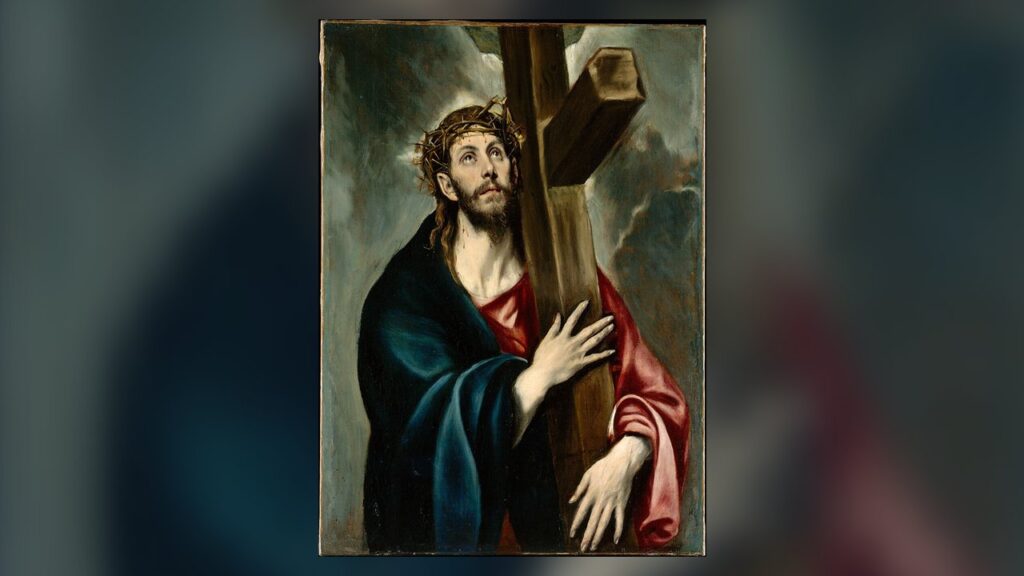 Jesus abraça a cruz a caminho do Calvário, o caminho que a Via Sacra percorre estação por estação