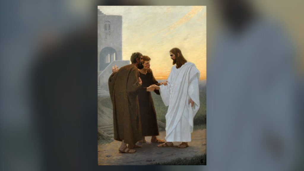 Jesus caminha com os discípulos de Emaús, imagem do sentido de sínodo: caminhar juntos