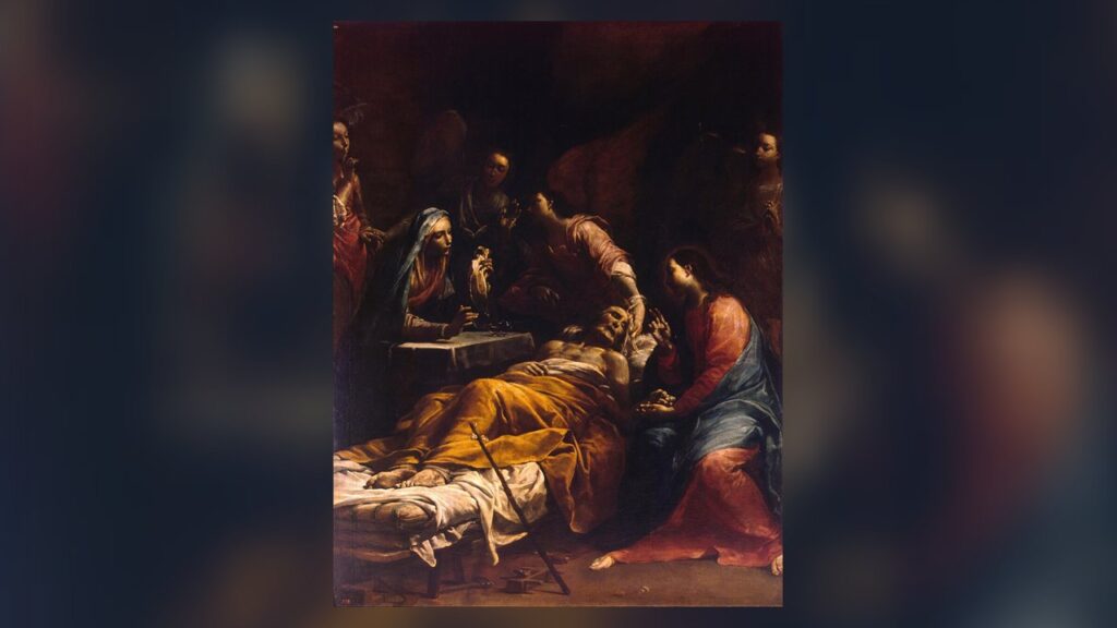 Jesus junto ao leito de São José moribundo, imagem da promessa feita a quem reza pelos agonizantes