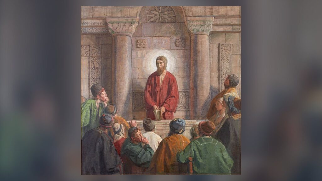 Jesus na sinagoga de Nazaré, onde anunciou um ano de graça do Senhor (Lc 4)