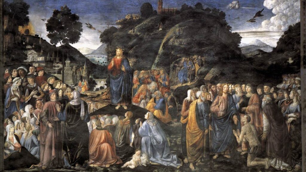 Jesus prega à multidão no monte, cena do Sermão da Montanha na Capela Sistina