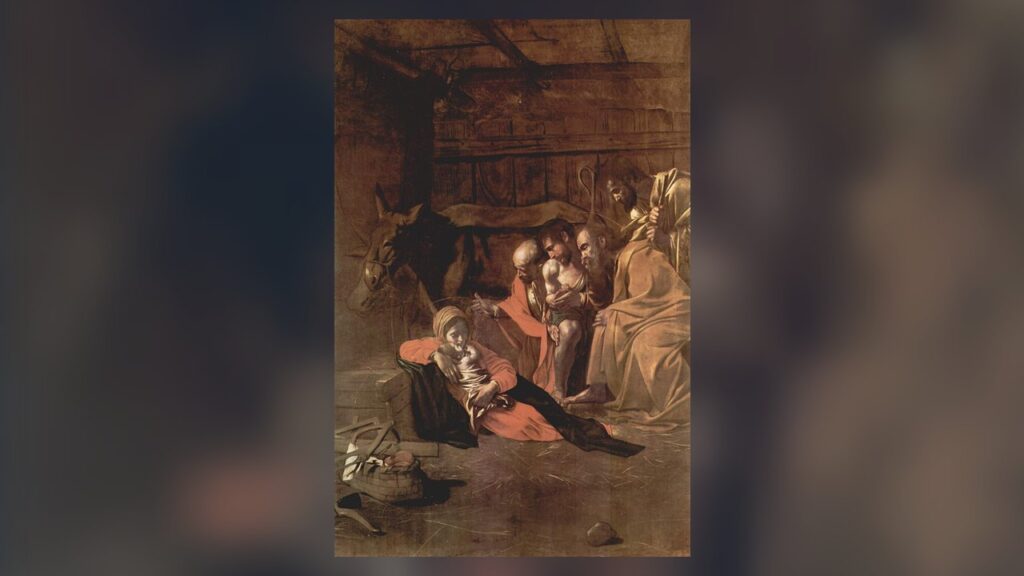 Adoração dos pastores ao Menino Jesus recém-nascido, pintura de Caravaggio