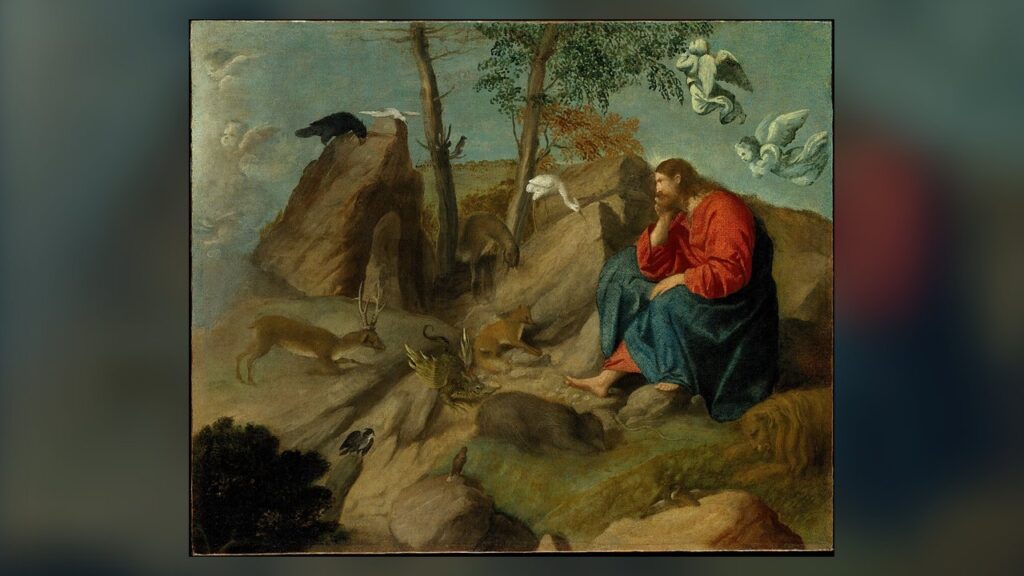 Jesus sentado sozinho no deserto, entre animais e anjos, no tempo de oração antes da vida pública