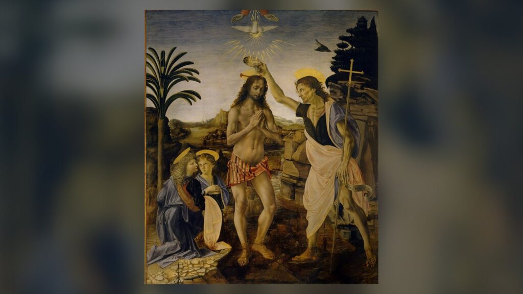 João Batista derrama a água sobre Jesus no Jordão, sob a pomba do Espírito Santo e as mãos do Pai